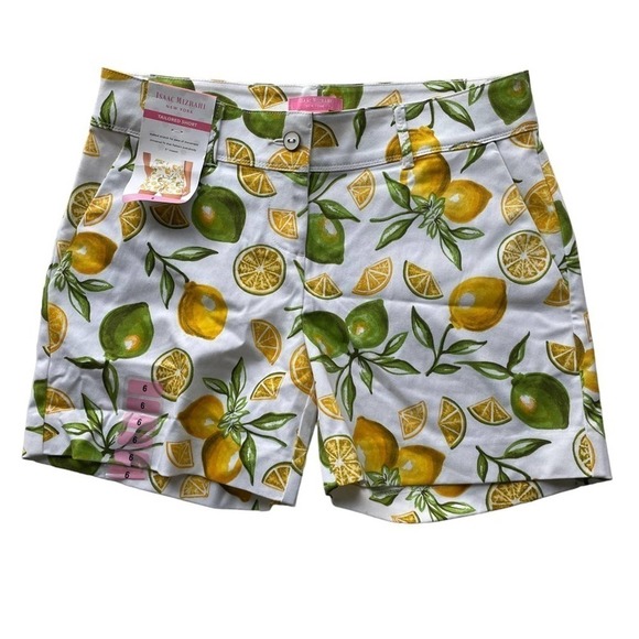 Isaac Mizrahi Lemon Lime Scattered Print Tailored Short Yellow Green Size 6 - Picture 1 of 8